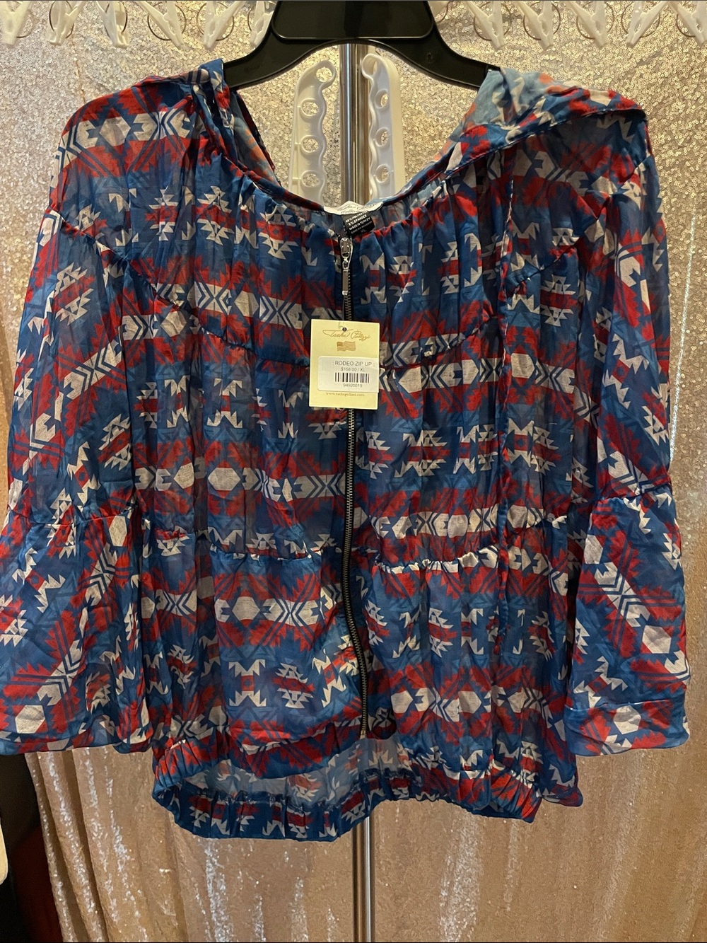 Boho Hooded Zip-Front Lightweight top - Blue & Red Tribal Print NWT